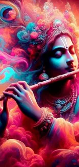 Vibrant spiritual wallpaper featuring a flute player in bright, swirling colors.