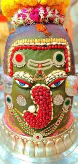 Intricately decorated sandstone deity with vibrant colors.