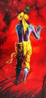 Spiritual figure playing flute with red background.