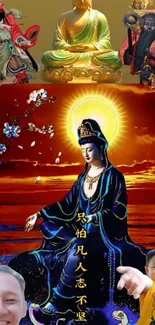 Vibrant spiritual deities with sunset background on mobile wallpaper.