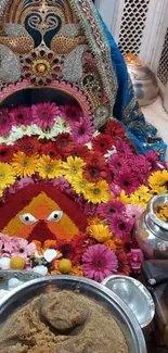 Vibrant spiritual flower arrangement with red and gold accents.