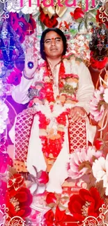 Spiritual figure amidst vivid red and pink flowers on mobile wallpaper.