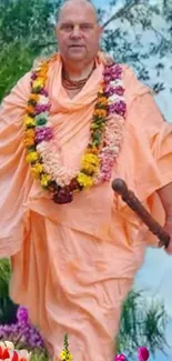 Spiritual figure in colorful attire in a lush vibrant garden.