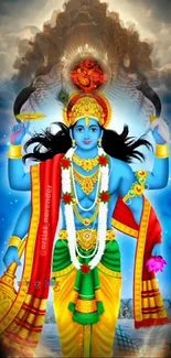 Vibrant blue-skinned God with colorful attire and divine details.