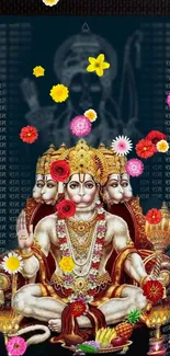 Vibrant Hanuman art with colorful flowers and golden hues.