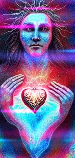 Vibrant spiritual art wallpaper with a glowing heart and surreal colors.