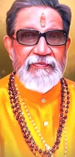 Digital art of spiritual leader with a golden background.