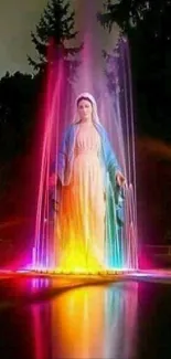 A spiritual statue with vibrant magenta and rainbow lights encircling it.