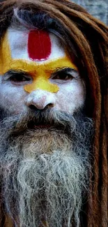 A holy man's painted face with vibrant colors and dreadlocked hair.