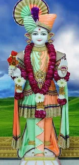 Colorful deity statue with vibrant background.