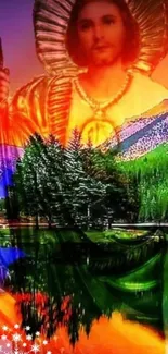 Spiritual figure with colorful nature background and reflections.