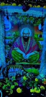 Vibrant spiritual portrait with vivid colors and decorative elements.