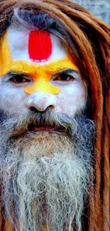 Colorful Hindu sage with paint and dreadlocks on stone background.