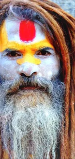 Colorful spiritual figure with face paint and dreadlocks on wallpaper.