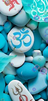 Spiritual stones with blue hues and symbols create a serene wallpaper.