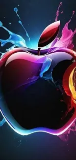 Colorful apple logo with splashes on black background.