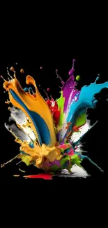 Colorful splash art with vibrant paint on black background.