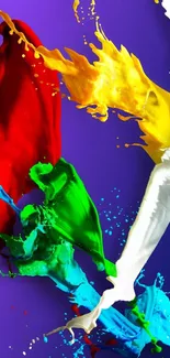 Vibrant abstract splash of red, yellow, green, blue, and white on purple background.