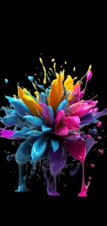 Vibrant splash flower on black mobile wallpaper.