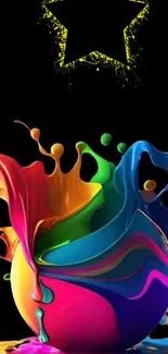 Vibrant colorful abstract splash on a black background with a yellow star.