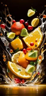 Vibrant wallpaper of citrus fruits splashing in dynamic colors.