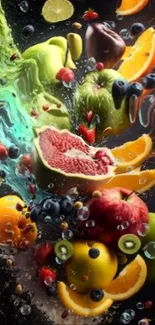 Colorful fruits splashing dynamically in vibrant wallpaper.