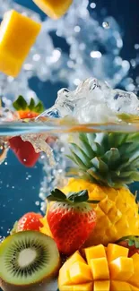 Vibrant fruits splashing in water, creating a colorful and dynamic wallpaper.