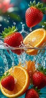Fresh strawberries and oranges in a vibrant water splash.