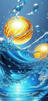 Vibrant water splash with glowing spheres on a blue background.