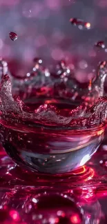 Close-up of a vibrant water splash with red tones and reflections.