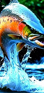 A vibrant fish leaping above water with splashes.