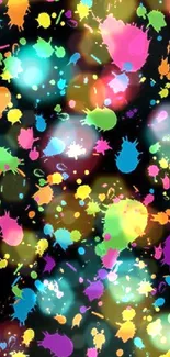 Vibrant multicolor paint splatters on black background for mobile wallpaper.