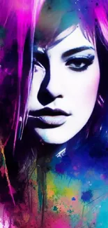 Vibrant paint-splattered portrait art in purple and blue hues.