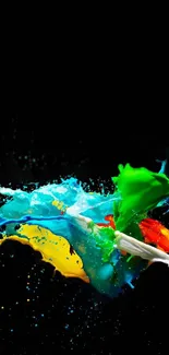 Vibrant splatter of colors on black background mobile wallpaper.