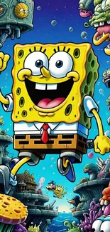 SpongeBob SquarePants in a vibrant underwater setting with sea creatures.