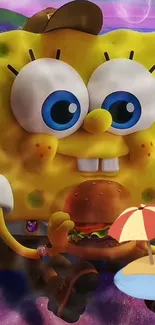 SpongeBob SquarePants enjoying a burger at the beach, vibrant and colorful scene.