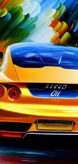 Yellow sports car with vibrant abstract background.