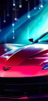 Vibrant red sports car with stars and blue background wallpaper.