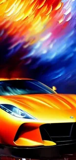 Vibrant yellow sports car with colorful abstract background.