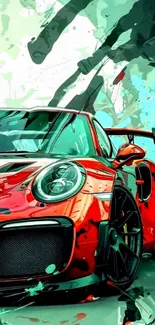 Vibrant sports car with artistic splash design.