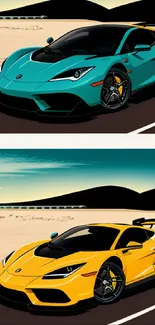 Illustration of teal and yellow sports cars on vibrant desert track.