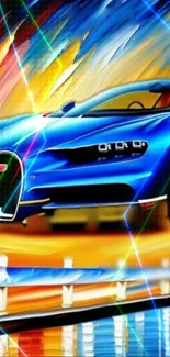 Vibrant blue sports car on abstract colorful background.