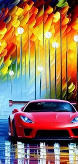 Vibrant sports car wallpaper with colorful art backdrop.