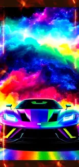 Vibrant rainbow-colored sports car with cosmic backdrop.