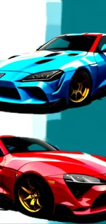 Bright blue and red sports cars on a vibrant teal and white background.