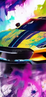 Vibrant sports car with colorful paint splashes in dynamic art style.