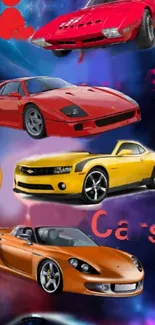 Vibrant sports cars collage wallpaper in colorful hues.