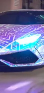 Futuristic sports car with neon lights and geometric patterns.