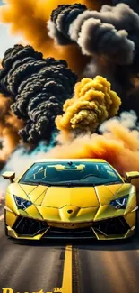 Yellow sports car with smoky explosion on a road.