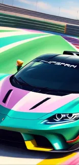 Vibrant sports car on colorful track wallpaper.